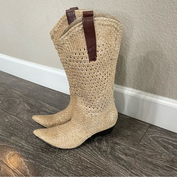 Gianni Barbato Beige Leather Braided Western Boots - Picture 2 of 12
